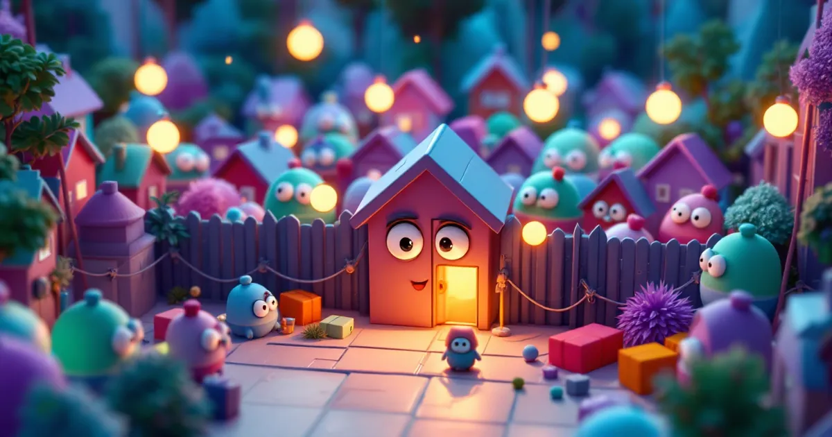 Little house characters crowded behind a fence and one shared gatehouse, with parcels waiting outside