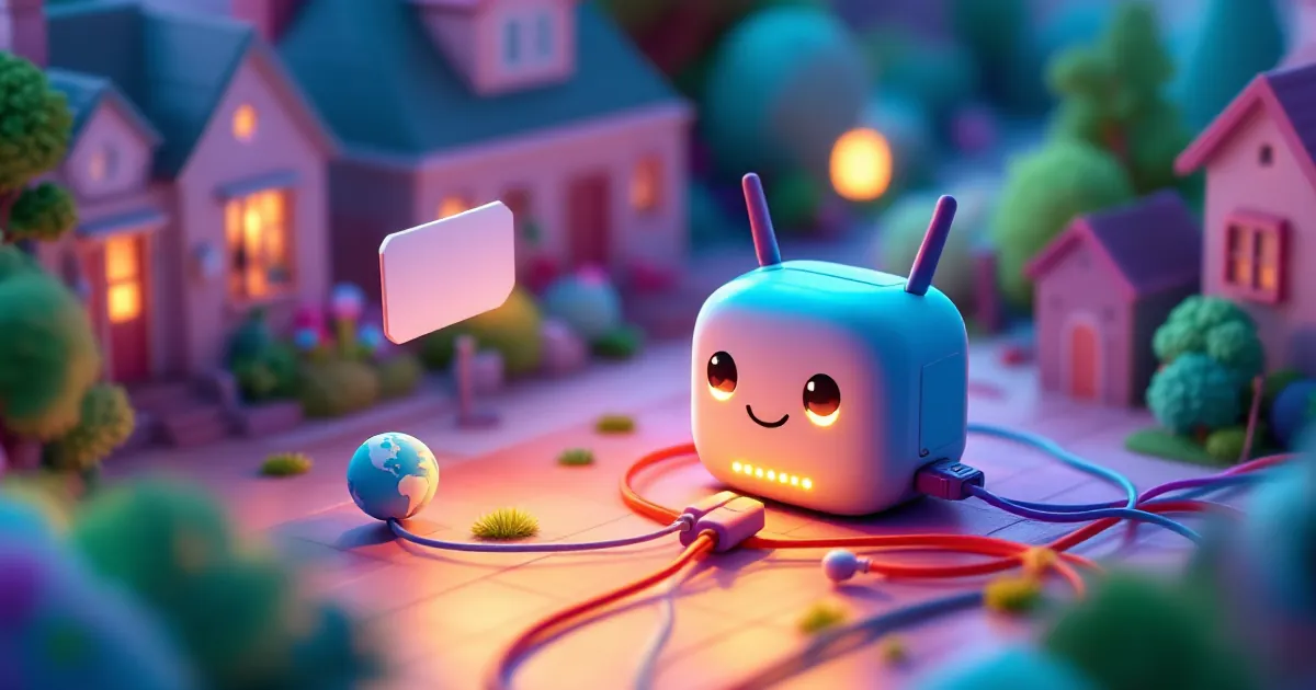 Cute router character powering back on with colourful cables reconnecting to a small globe