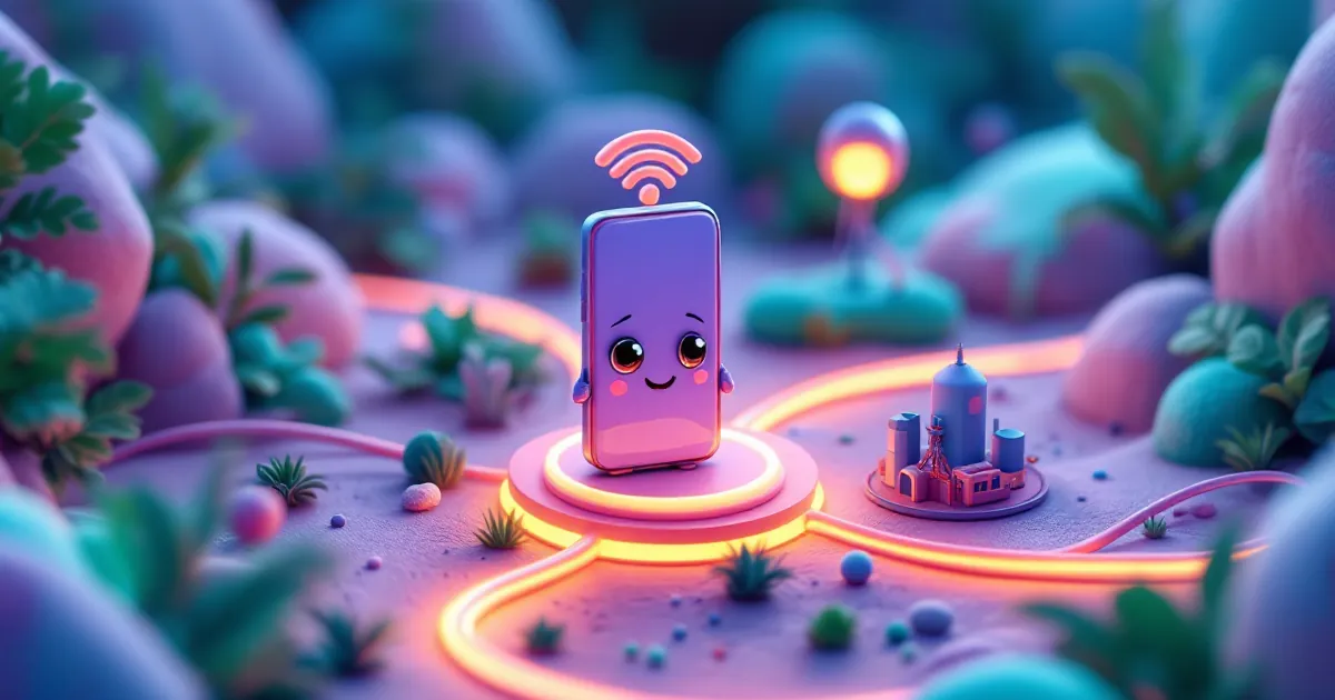 Cute phone character with glowing network cables and tiny tower icons in a high-angle Cool Tech diorama