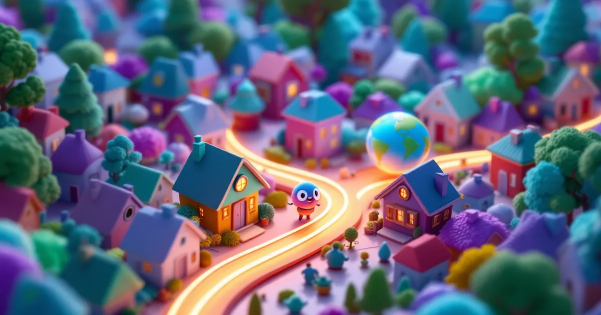 Cute house character leaving a crowded shared gateway cage onto its own glowing cable path to a globe