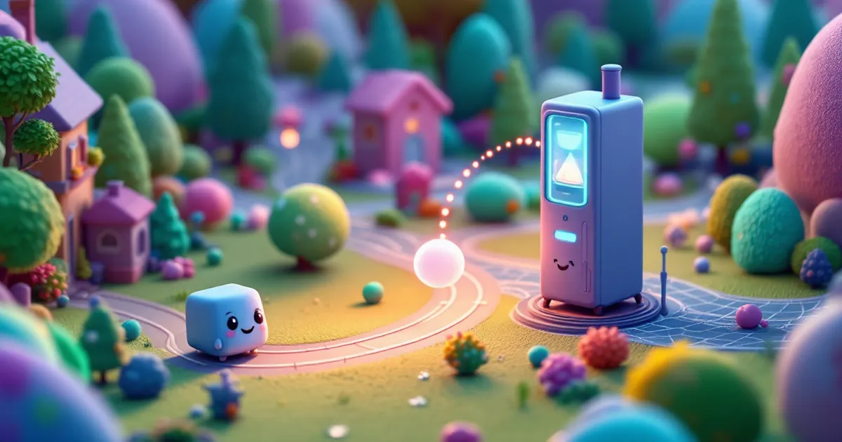Small cube character sending a glowing ball along a winding path to a smiling server tower with an hourglass