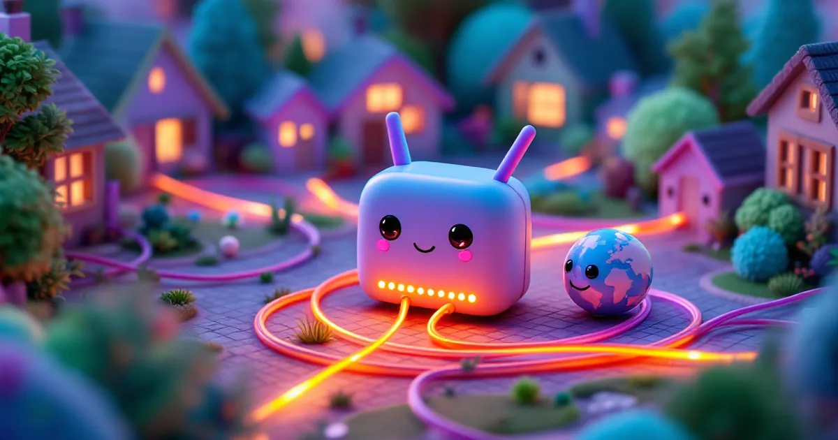 Cute router gateway character with glowing cables from devices, then one bright cable onward to a small globe