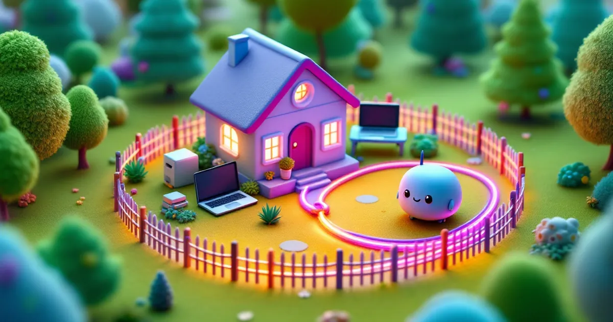 Cute house with laptop, printer and monitor inside a glowing fenced yard, a smiling round router beside a glowing cable loop