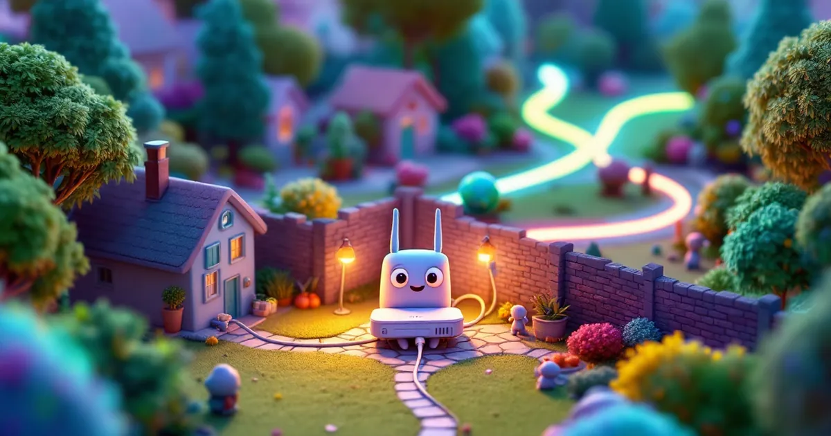 Router character in a garden wall gap, a cottage inside and one glowing cable winding out across the hills