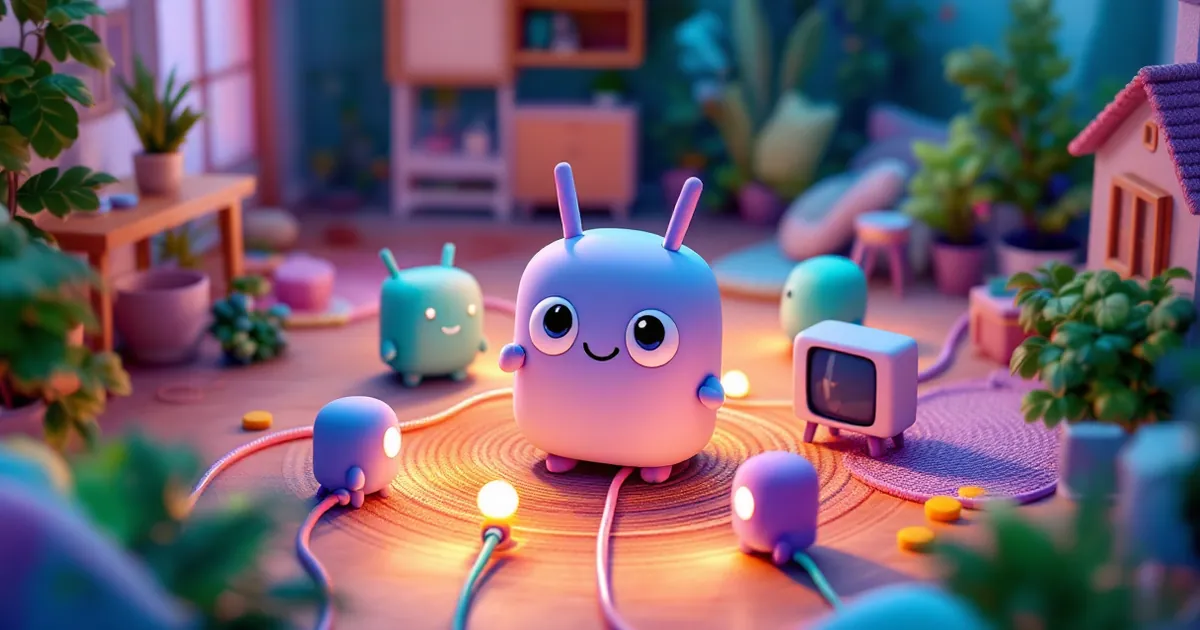 Router character on a cozy rug, linked by glowing cables to small device characters and a little TV