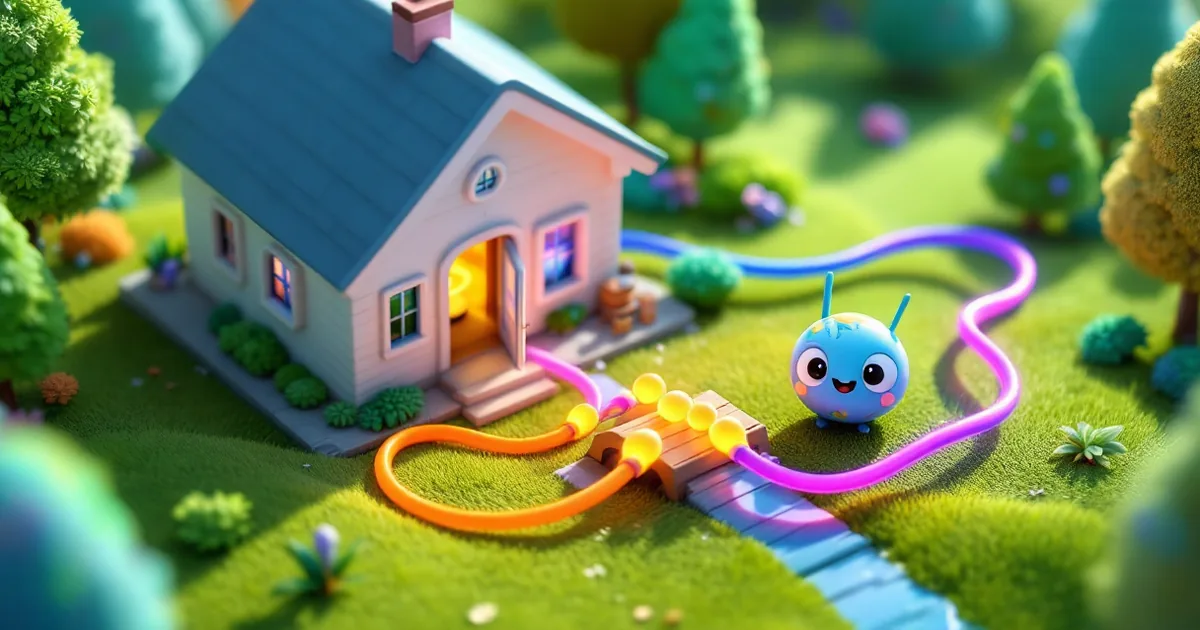 Cozy house on a grassy hill, a smiling round character by a little bridge, glowing orange and violet cables with beads