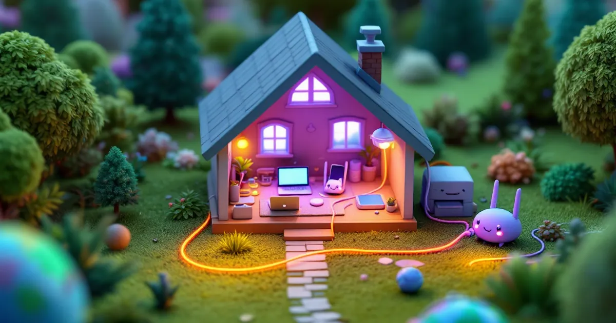 Cozy house with a laptop, phone and printer inside, a smiling router outside sending one glowing cable across the lawn