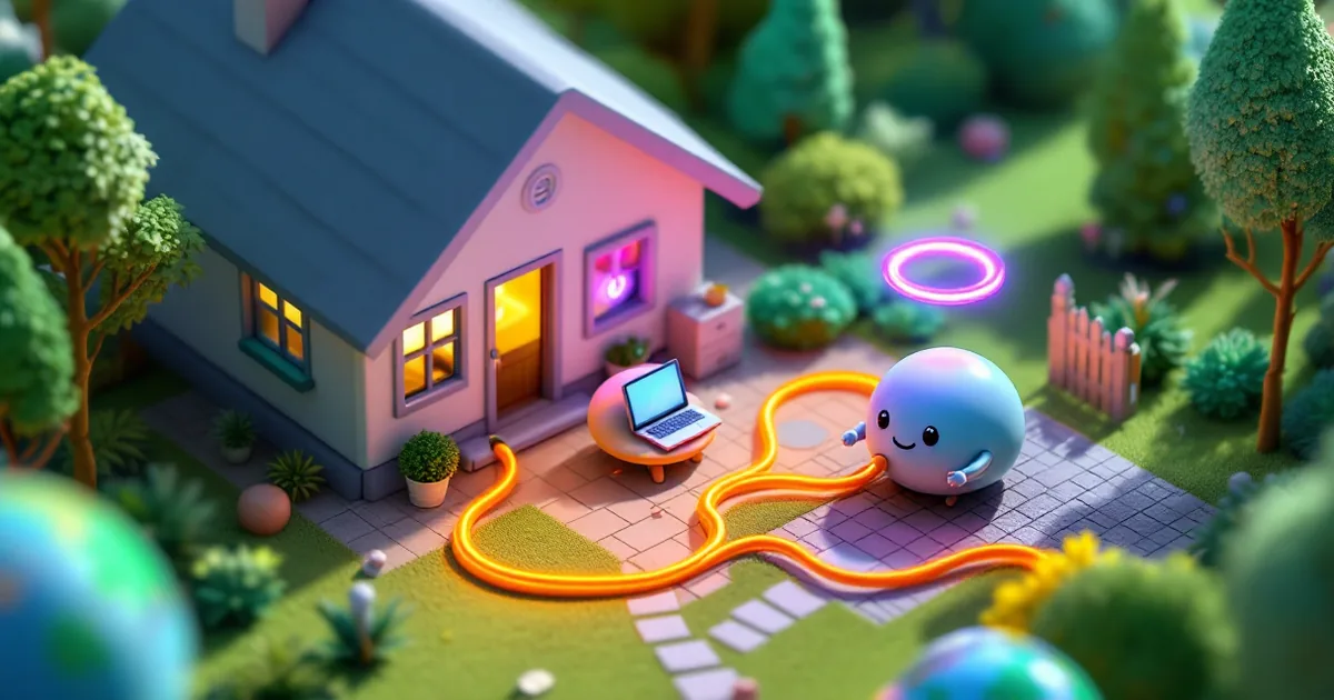 Cozy diorama house with a laptop by the door, a smiling round router and one glowing orange cable winding across the garden