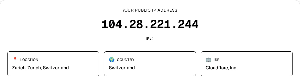 FindMyIP homepage card showing the public IP 104.28.221.244 with the tag IPv4, located in Zurich, Switzerland, ISP Cloudflare, Inc.