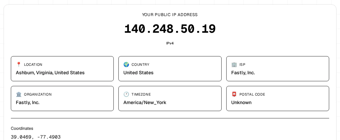 FindMyIP homepage result card showing the public IPv4 address 140.248.50.19, located in Ashburn, Virginia, with ISP Fastly, Inc.