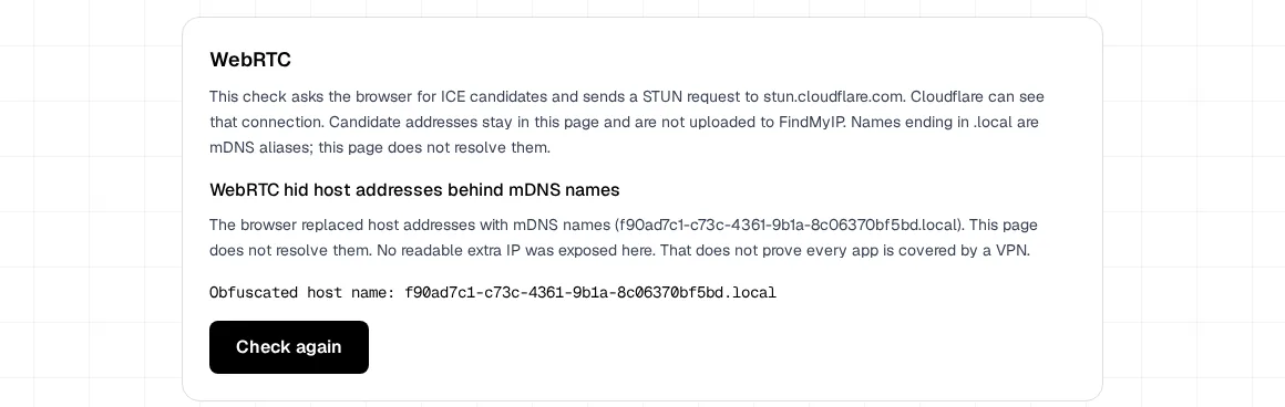 FindMyIP VPN Leak Check WebRTC panel saying the browser hid host addresses behind an mDNS name ending in .local, with no readable extra IP exposed