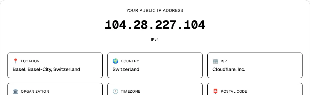 FindMyIP homepage card showing the public IP 104.28.227.104 tagged IPv4, location Basel, Switzerland, ISP Cloudflare, Inc.